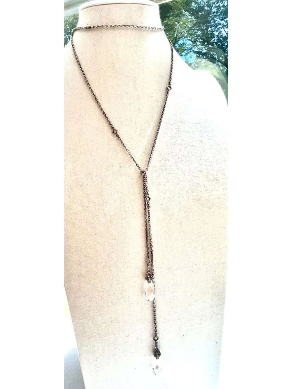Lagos 750 & Sterling Silver Lariat Necklace With Clear Briolette Stones & Checke